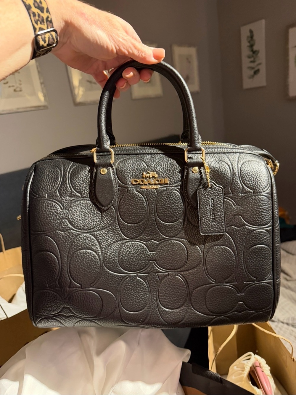 Coach Black Embossed Leather Satchel with Gold Hardware - Picture 3 of 4